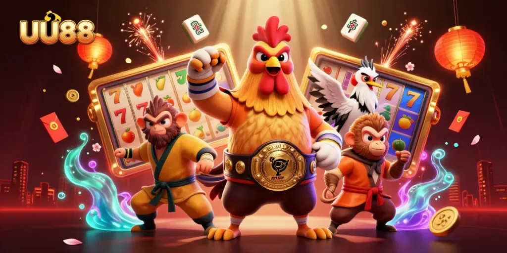 Spin the reels with UU88 in this vibrant 3D casino scene featuring martial arts characters.
