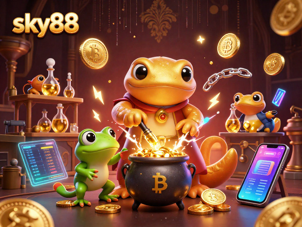 Engage with sky88's immersive 3D scene featuring alchemical triumphs and crypto elements.