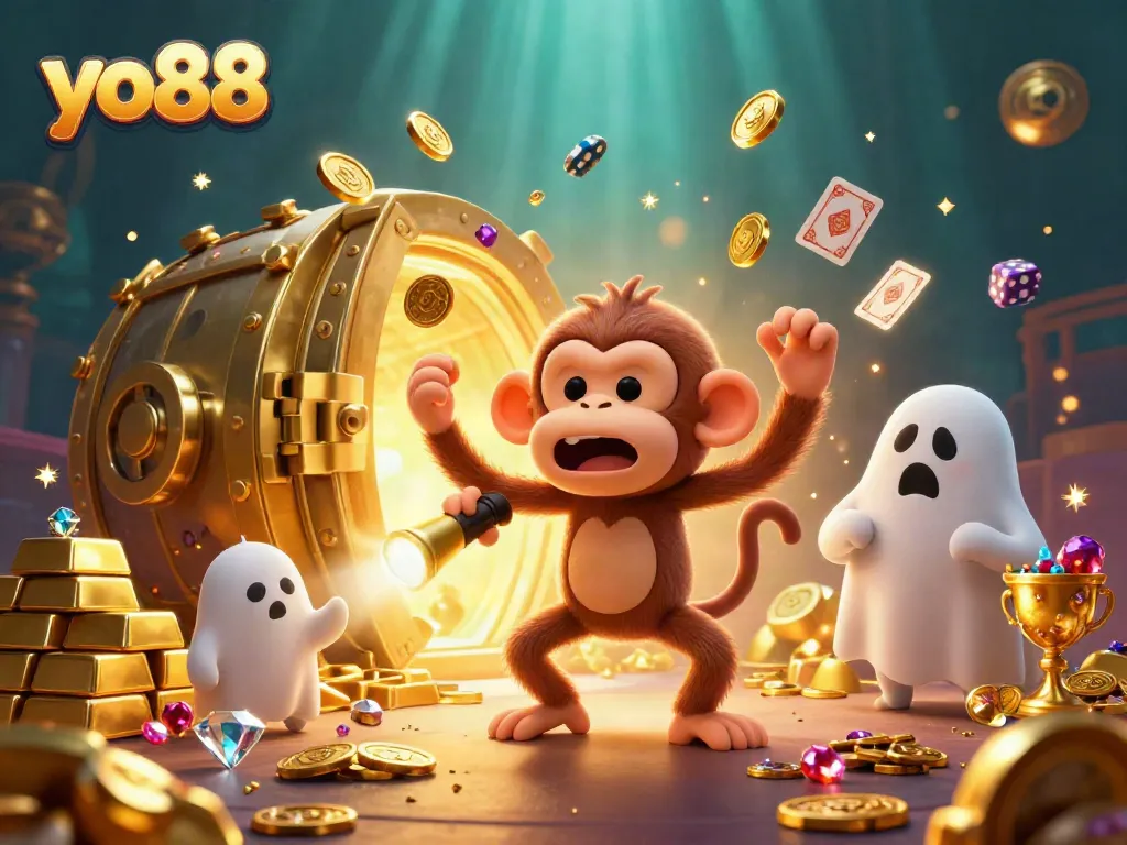 Experience the thrill of yo88 with a playful poltergeist juggling gold in a vibrant casino.