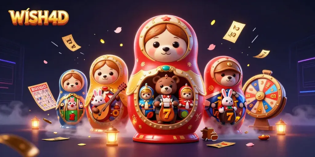 Engage with WISH4D's vibrant illustration featuring lucky casino elements and playful characters.