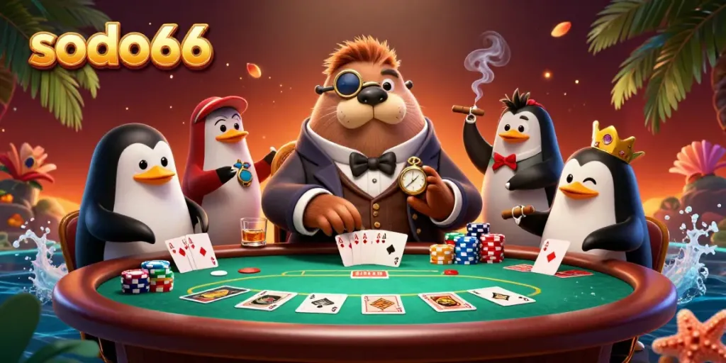 Experience thrilling card play with sodo66, featuring a walrus and friends at an underwater poker table.