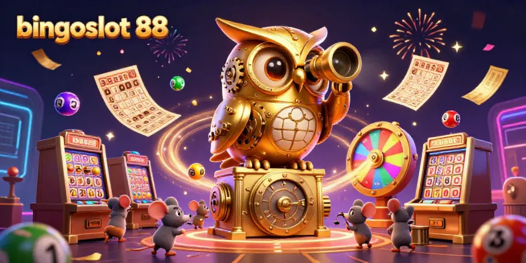Gambarkan keseruan permainan bingoslot 88 dengan karakter unik dan elemen jackpot yang meriah
