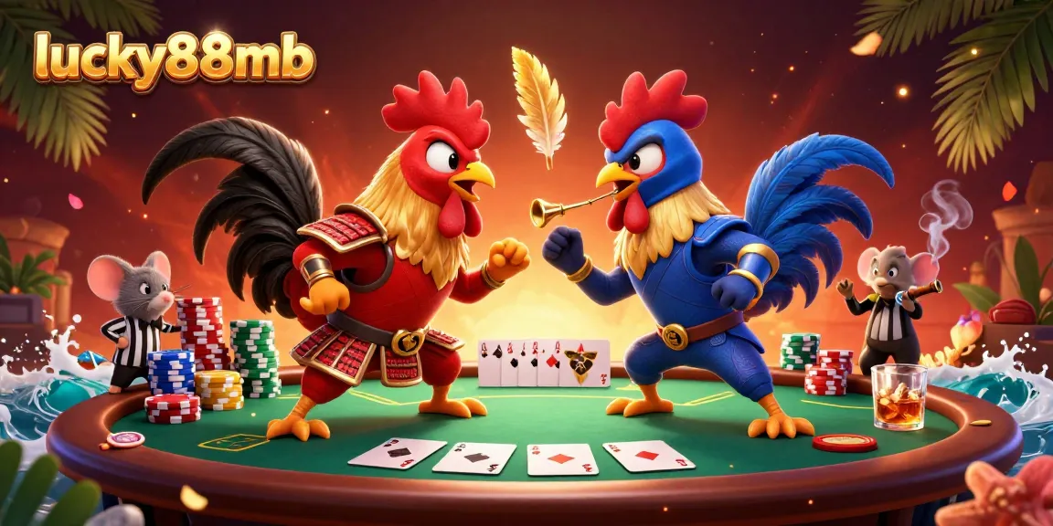 Experience thrilling action at lucky88mb with a dramatic rooster standoff among poker elements in vibrant detail.
