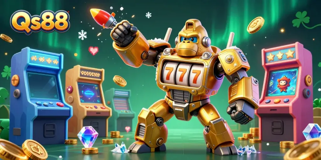 Engage with Qs88's thrilling gaming world featuring a golden gorilla mech and dynamic arcade elements.