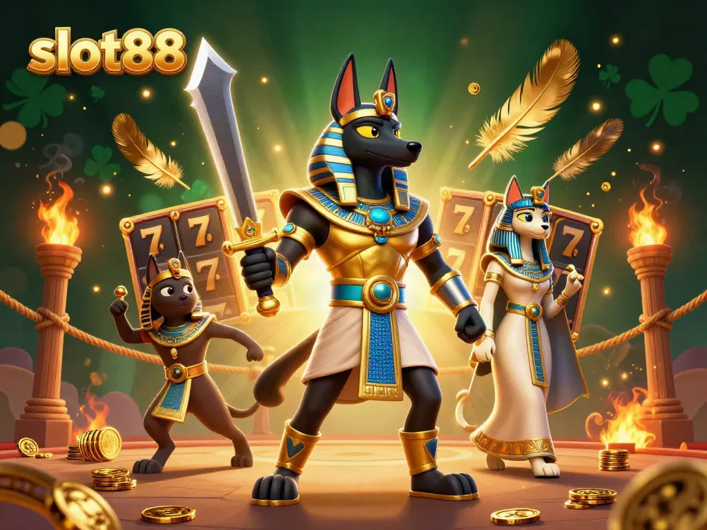 Experience thrilling slot88 moments with Anubis and Bastet in a vibrant casino setting.