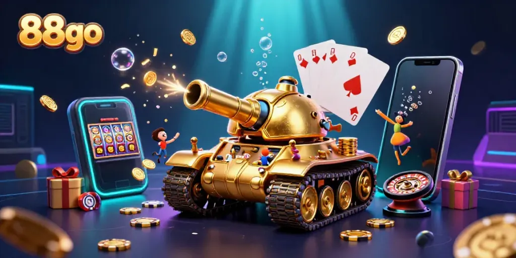Experience thrilling gameplay with 88go, an energetic casino scene featuring vibrant games and characters.