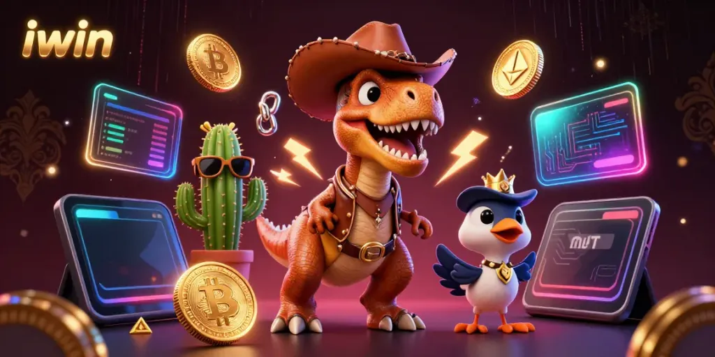 Join the iwin party with a unique T-Rex cowboy and crypto-themed illustration.