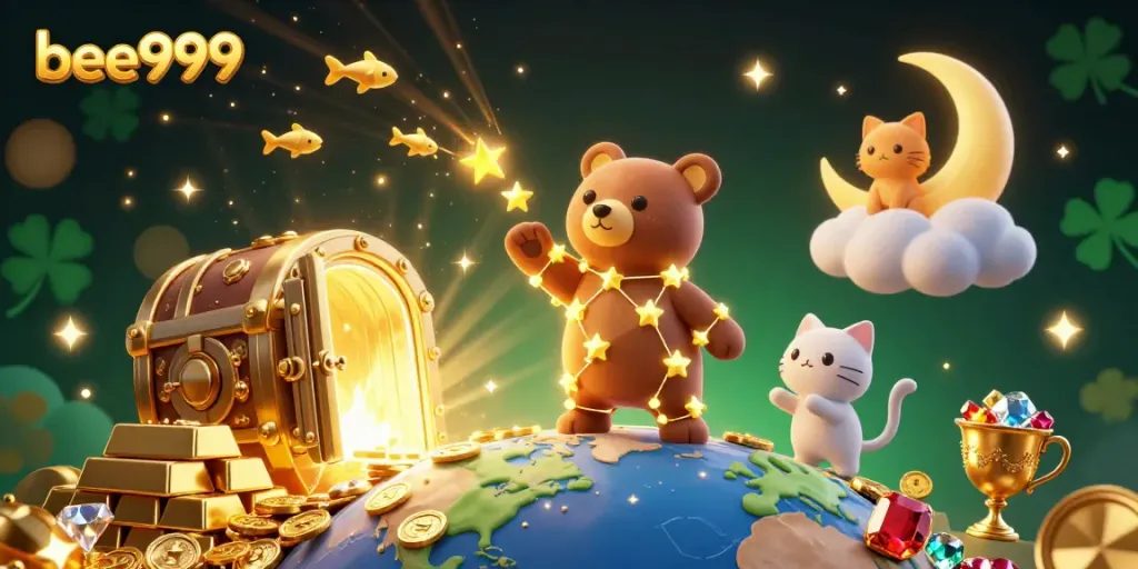 Experience thrilling wins in bee999's vibrant 3D casino world with constellation bear and treasure.