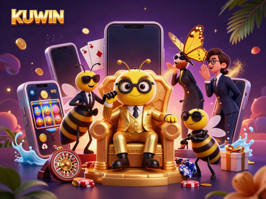 KUWIN promises excitement with an engaging 3D casino scene featuring a mob boss and game elements.