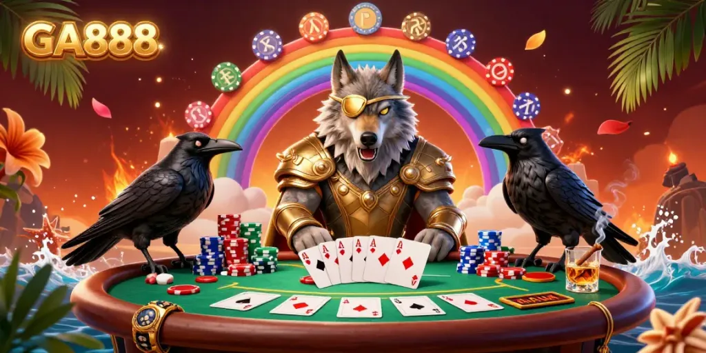 Experience the thrill of GA888 with vibrant gaming elements and dynamic characters in this rich 3D illustration.