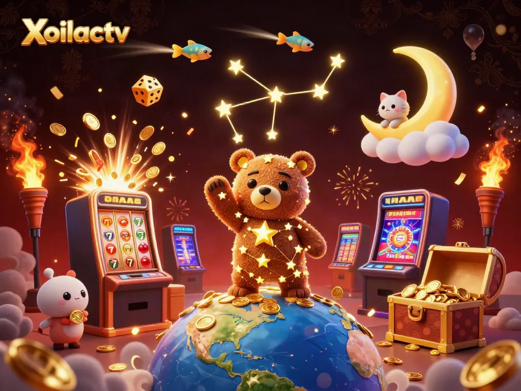 Xoilactv showcases a vibrant cartoon scene with a constellation bear, slot machine elements, and dynamic casino graphics.