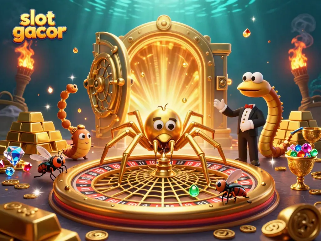 Engage with slot gacor's exciting world as the golden spider spins a dynamic roulette wheel.