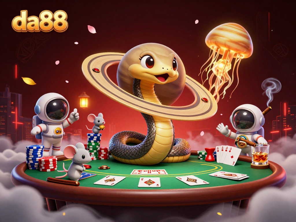 Engage in thrilling casino action at da88, featuring cartoon characters interacting with vibrant gaming elements.