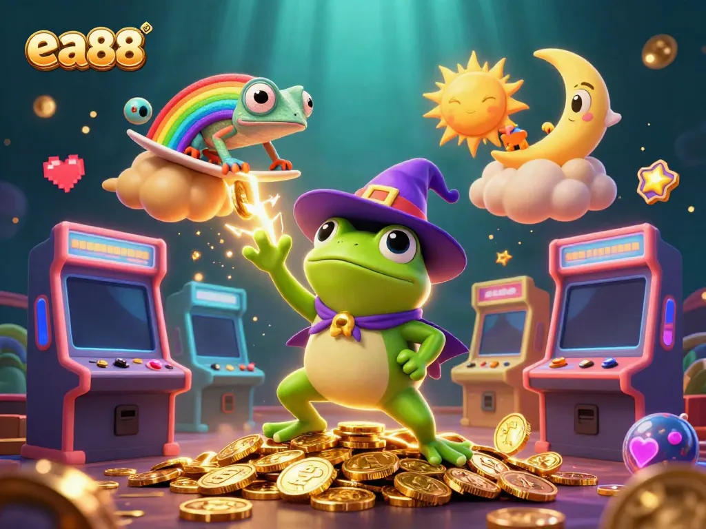 Engage with the thrill of ea88 while a weather wizard frog conjures gold coins in an action-packed 3D illustration.
