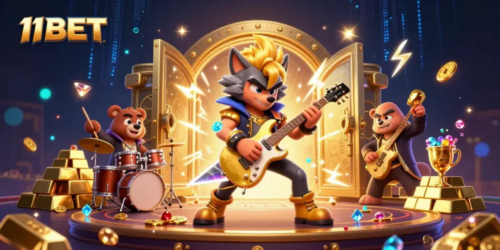 Experience the excitement of 11BET with a rock star wolf and dynamic drummer bear in a colorful casino atmosphere.
