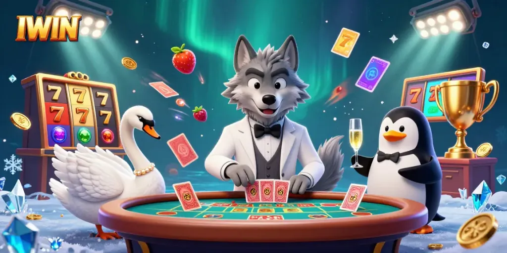 IWIN casino game scene with a debonair wolf, an elegant swan, and a penguin, surrounded by slot elements, engaging in dynamic gameplay.