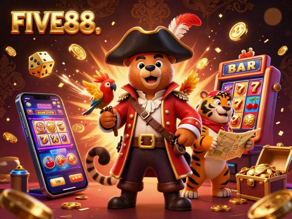 Experience the thrill of FIVE88 as a pirate captain bear explores a vibrant casino world with treasure and games.