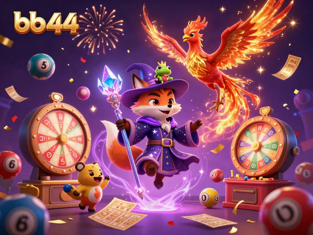 Engage with the magical experience of bb 44 gaming amidst colorful lottery elements and festive scenery.