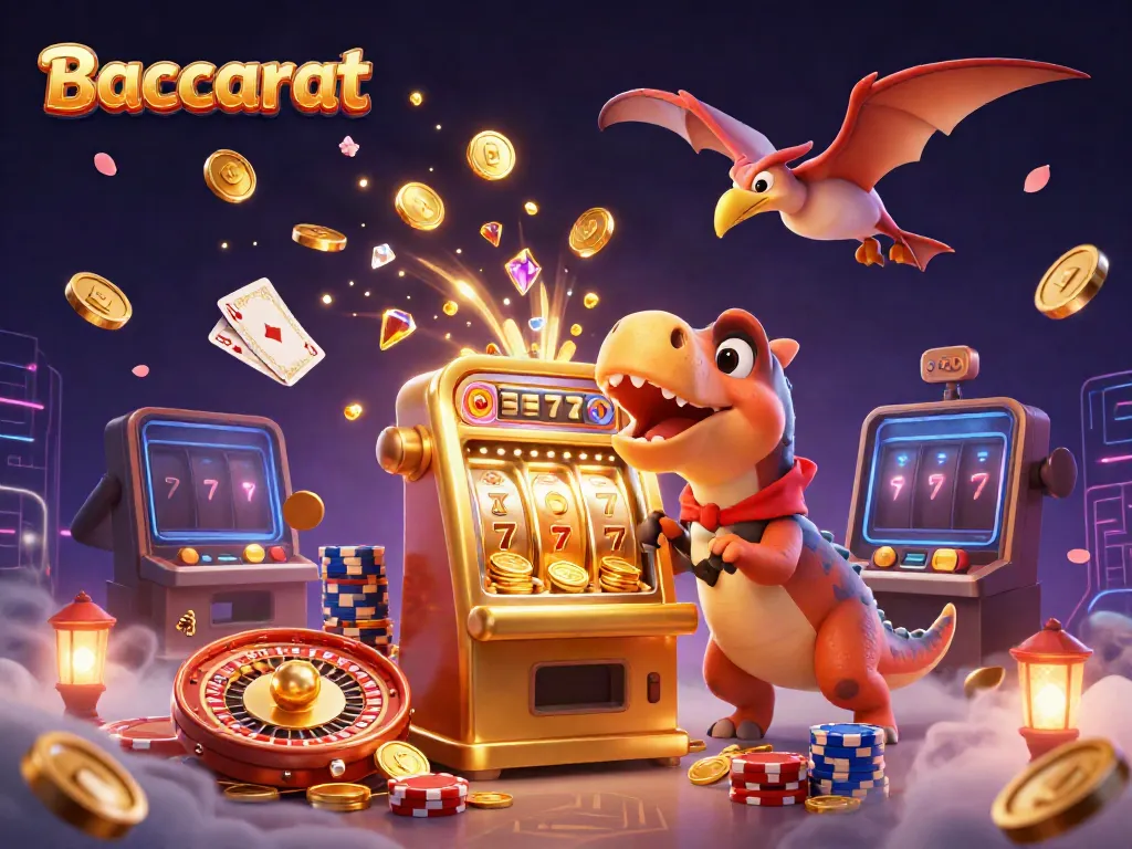 Baccarat game scene featuring a dinosaur headbutting a slot machine for jackpot coins amid lively casino elements.