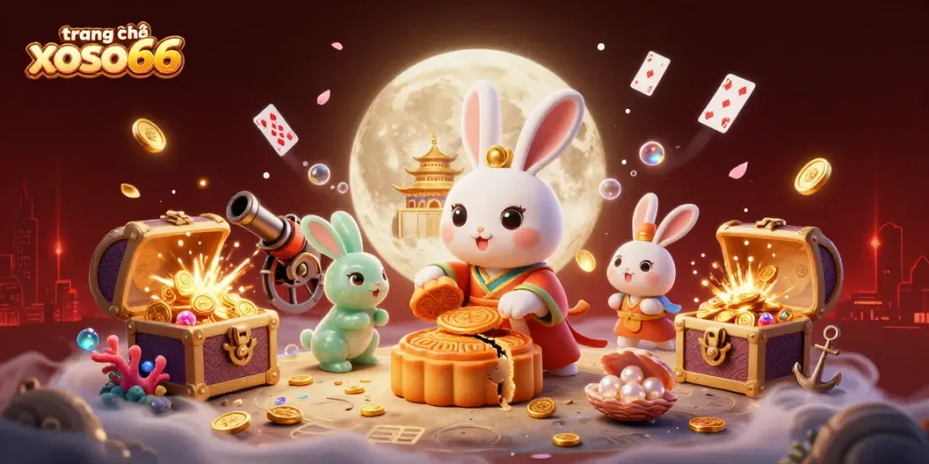 Experience the excitement at trang chủ xoso66 with the moon rabbit and poker chips illuminating your gaming journey.