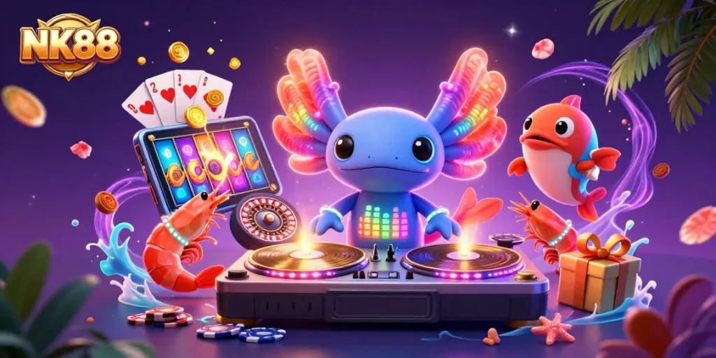 Experience NK88's vibrant gaming world with a DJ axolotl and dynamic casino elements.
