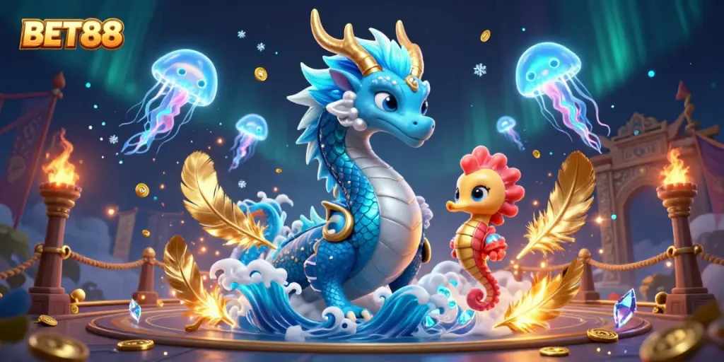 Experience the thrill of BET88 with an energetic 3D dragon, knight, and jellyfish in a vibrant casino realm.