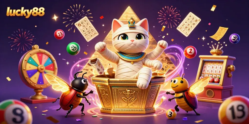 Experience the excitement of lucky88 with an Egyptian mummy cat and vibrant casino elements.