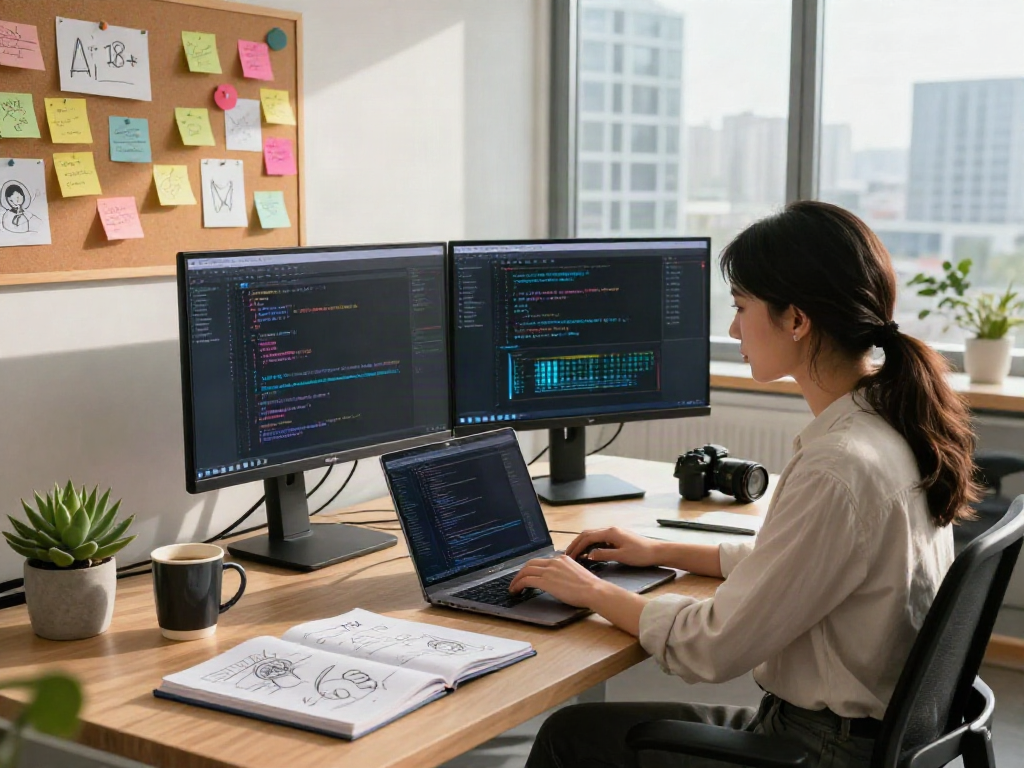 Female developer coding AI 18+ applications in a vibrant workspace.
