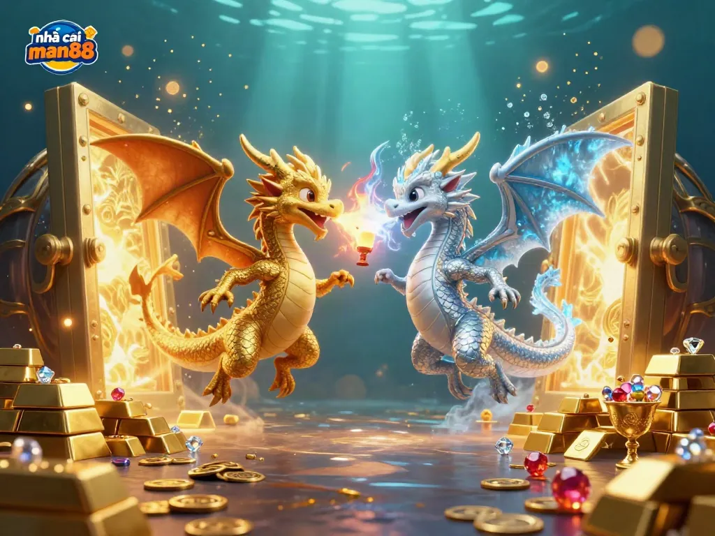 Experience thrilling gameplay at nhà cái man88 with dynamic dragons and dazzling treasures in a vibrant casino scene.