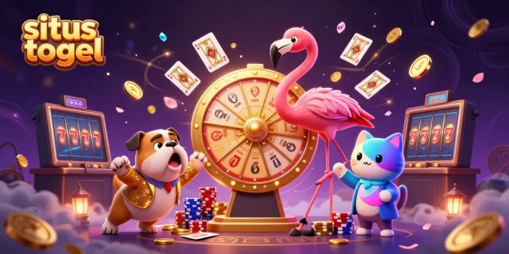 Engaging illustration of situs togel with a flamingo host, bulldog contestant, and prize wheel amid vibrant casino elements.