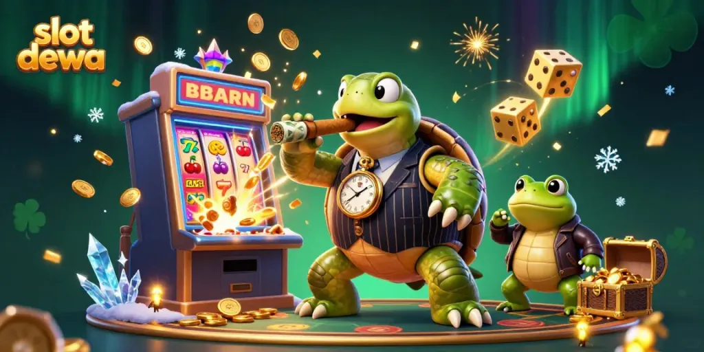 Experience the thrill of slot dewa with our vibrant casino-themed illustration featuring unique characters and exciting game elements.