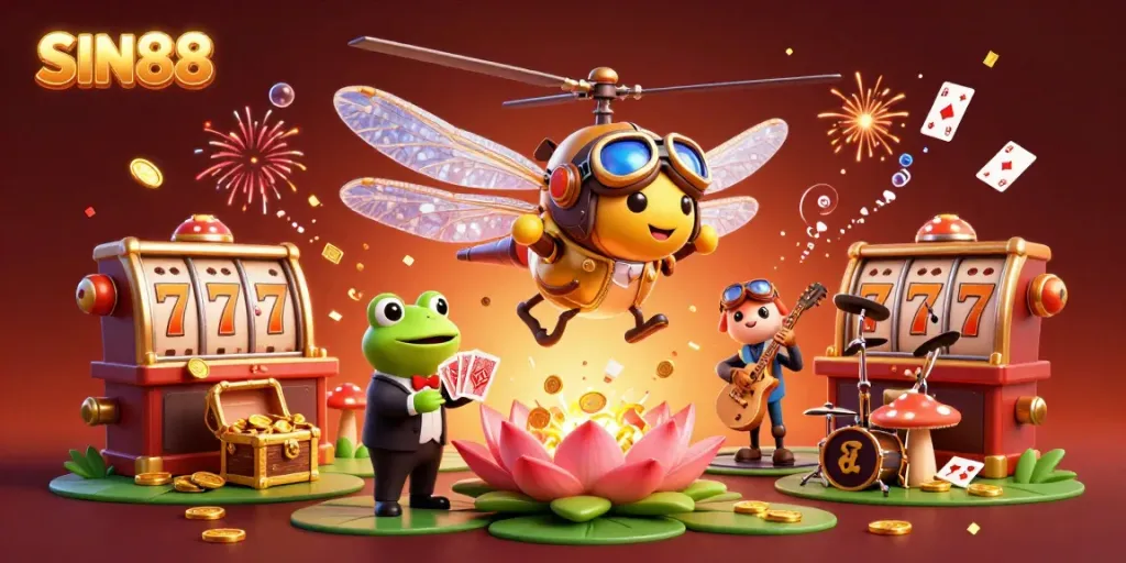 SIN88 showcases exhilarating casino adventures with a dragonfly pilot, frog croupier, and festive atmosphere.