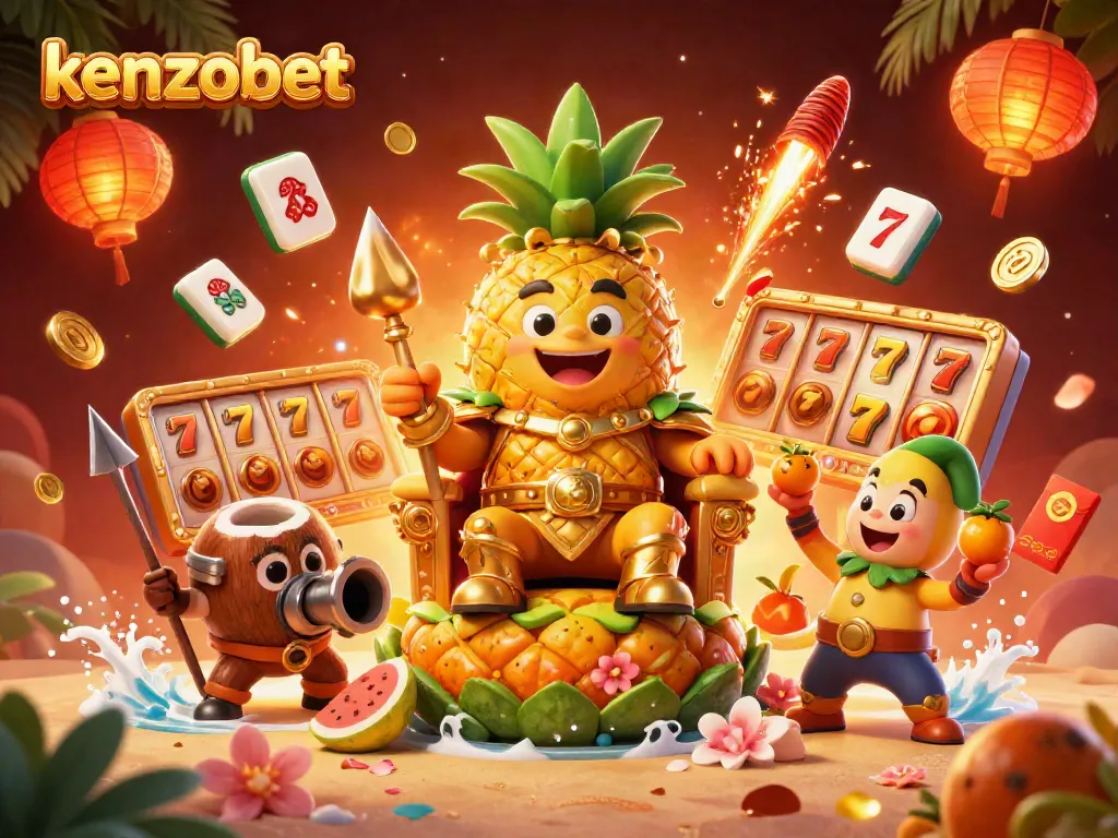 Kenzobet features exciting online gaming with a golden pineapple king illustration in a vibrant casino.