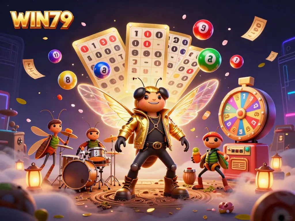 Experience the excitement of WIN79 with a dynamic casino scene featuring vibrant game elements and musical characters