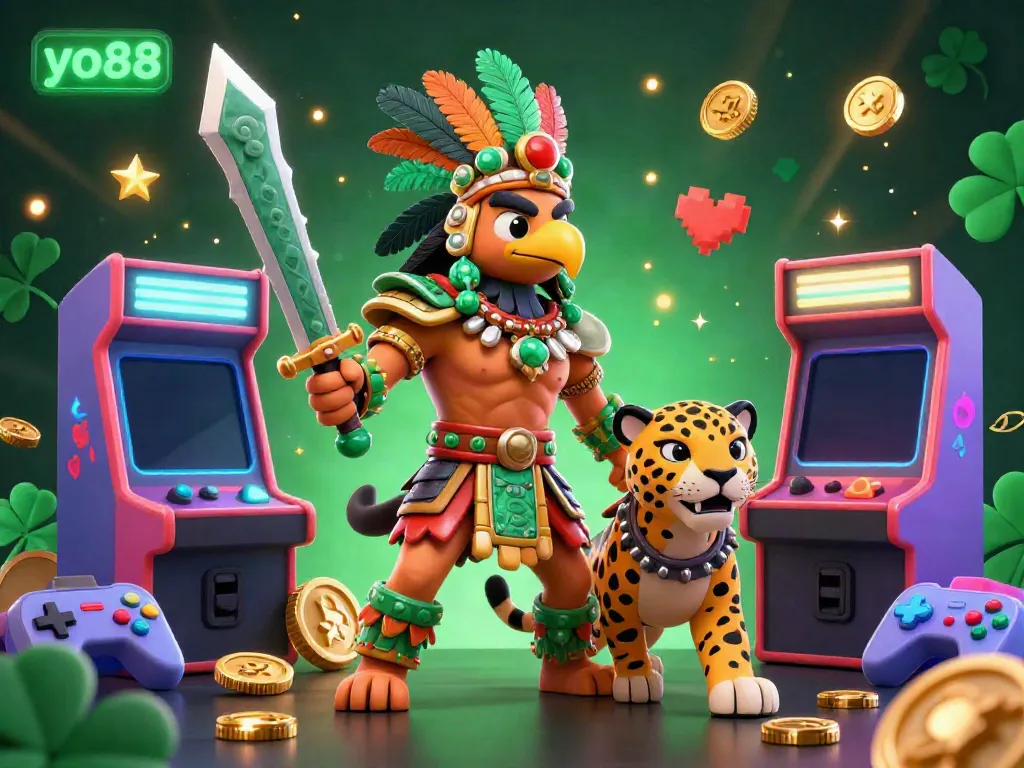 Engage with the vibrant yo88 gaming world, featuring an Aztec warrior and colorful arcade machines.