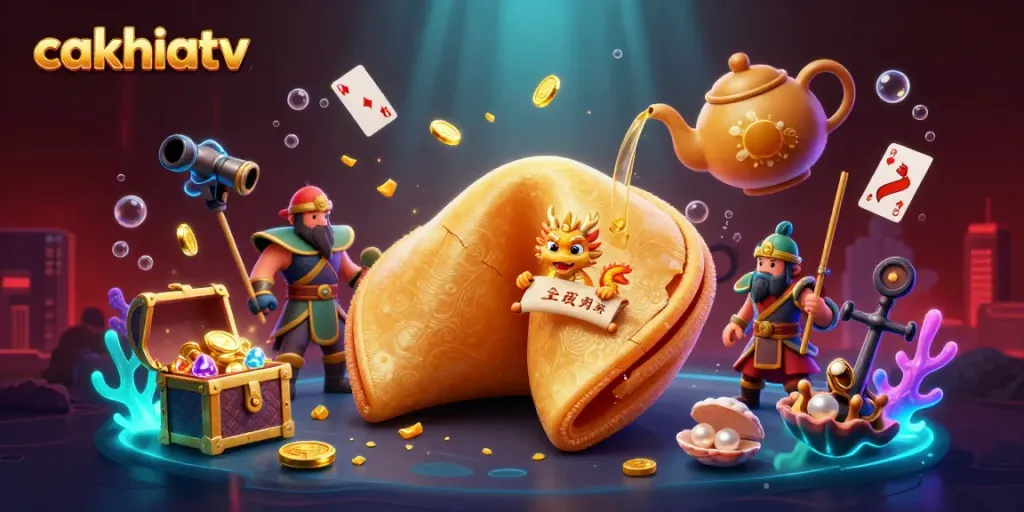 Cakhiatv integrates a golden fortune cookie scene with colorful gems and playing cards, creating an engaging casino visual.