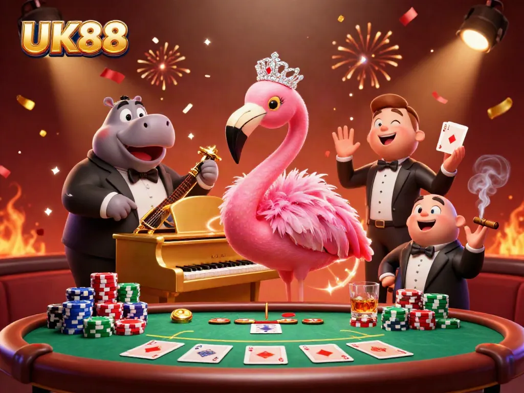 Engage with UK88's dynamic online gaming atmosphere featuring vibrant characters and casino elements.