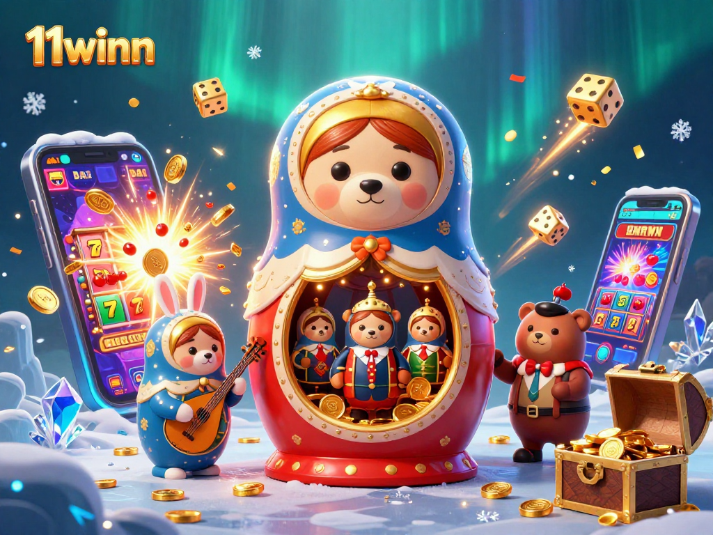 Engage with 11winn's vibrant casino scene featuring Matryoshka bears and a jackpot explosion.
