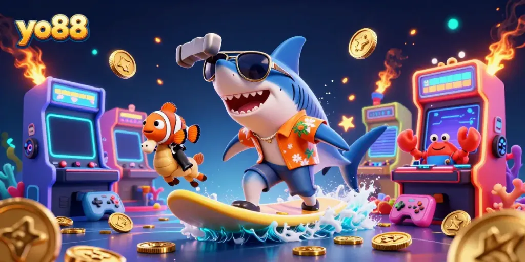 Experience thrilling gameplay at yo88 with a vibrant 3D casino scene featuring playful characters.