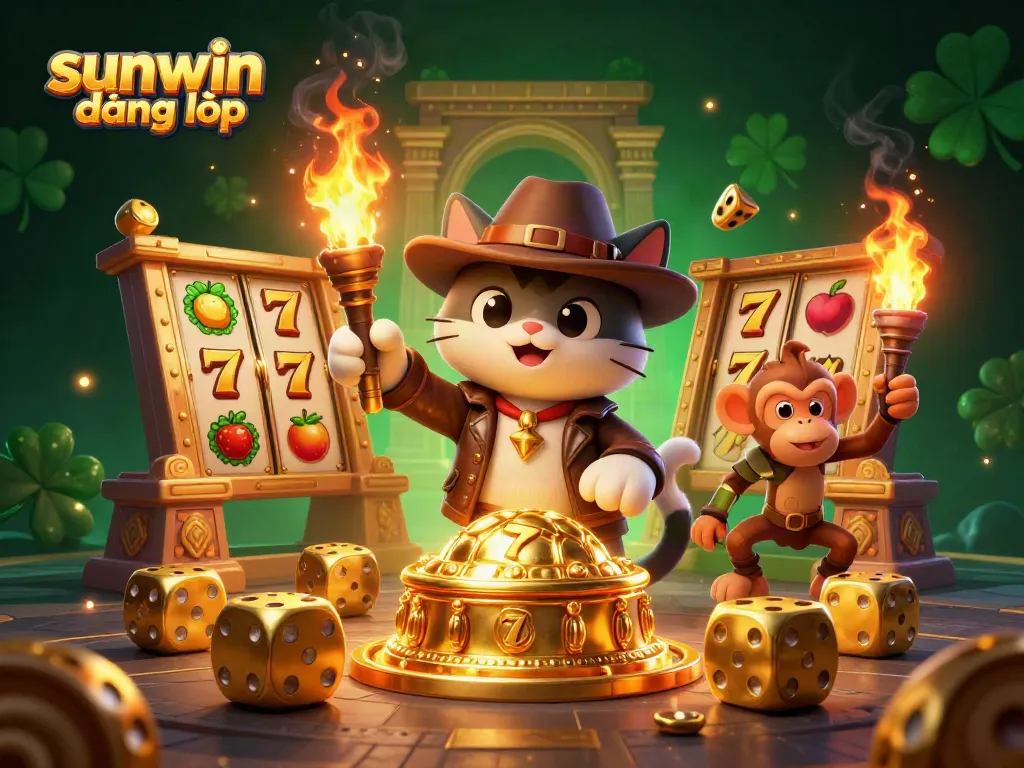 Discover thrilling games at sunwin đăng nhập, featuring a golden casino artifact and dynamic slot elements.