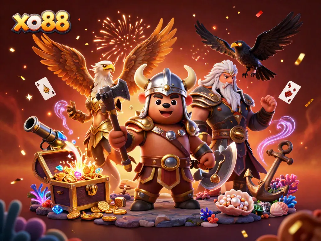 Sparkle and win at xo88 with a thrilling 3D Viking and eagle scene, featuring casino treasures.