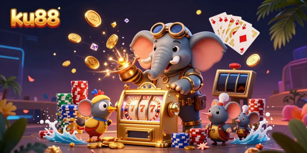 ku88 elephant engineer spins a golden slot machine, surrounded by dynamic casino elements