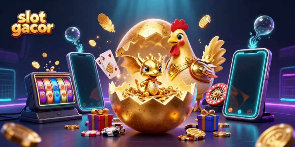 Slot gacor menampilkan naga emas dari telur di atas serpihan chip poker, dikelilingi elemen permainan judi.