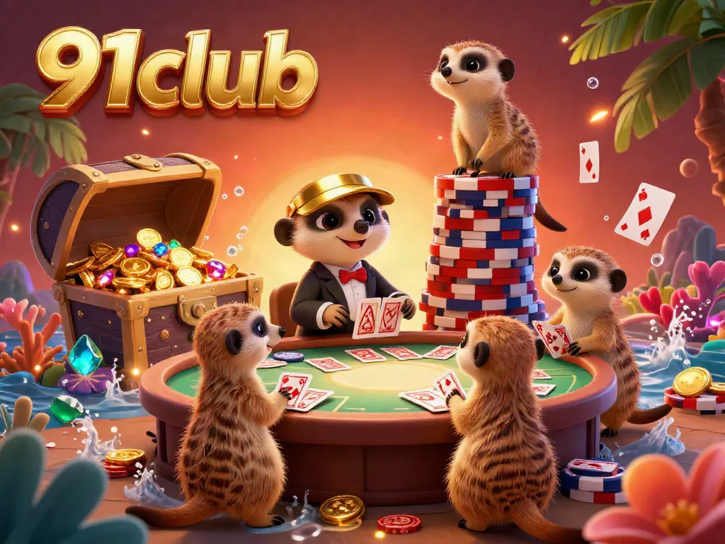 Engage with vibrant casino operations at 91club, featuring meerkats as dealers and lookout among colorful treasures.
