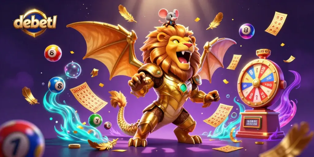 Experience thrilling gameplay with debetl as a majestic chimera creature and mouse jockey roar amidst a colorful gambling universe.