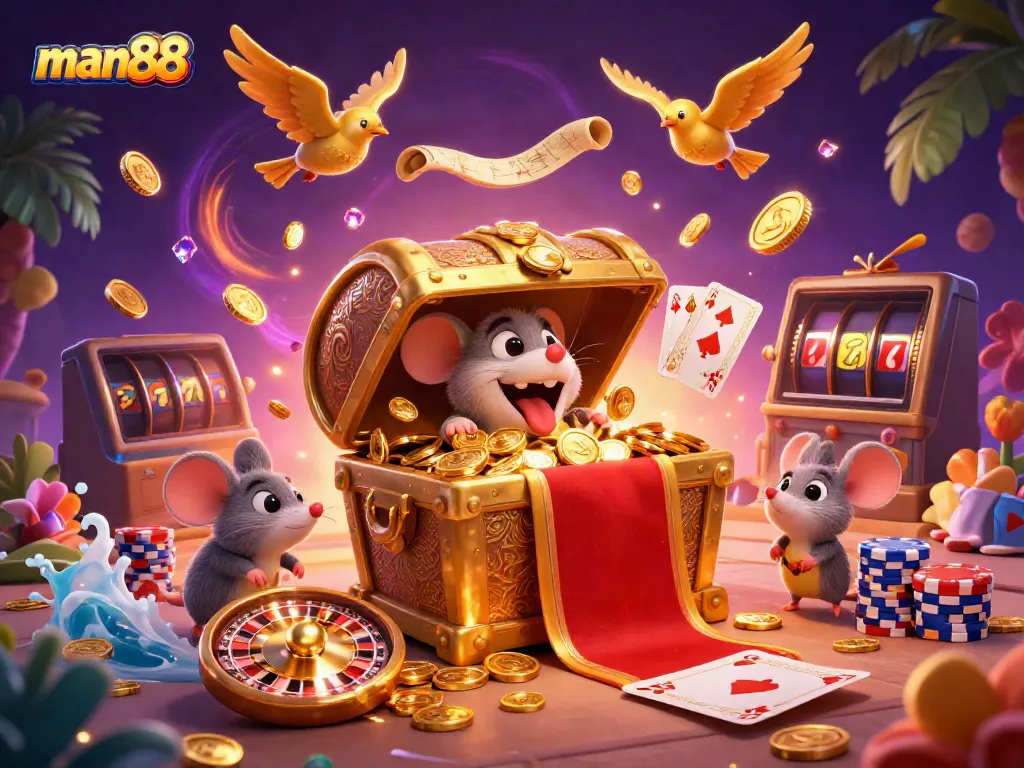 Engage in thrilling experiences at man88 with cartoonish treasures, games, and vibrant casino elements.