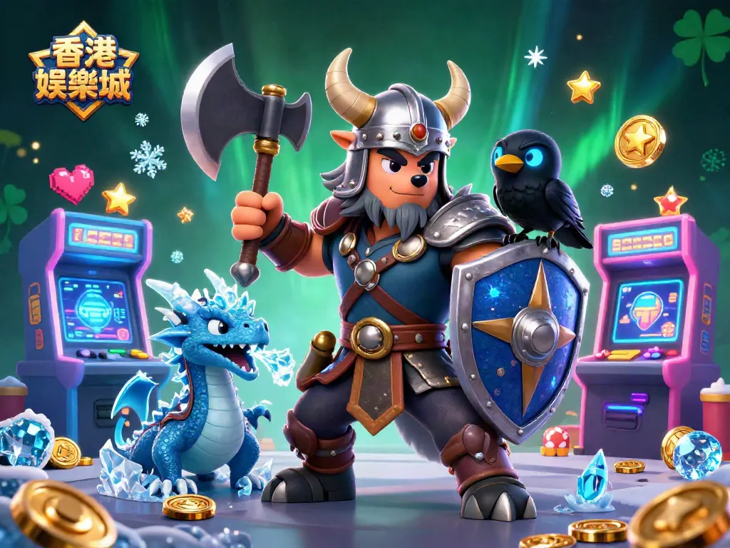 Experience the excitement at 香港娛樂城 with a Viking warrior, fierce dragon, and arcade elements in a vibrant scene.