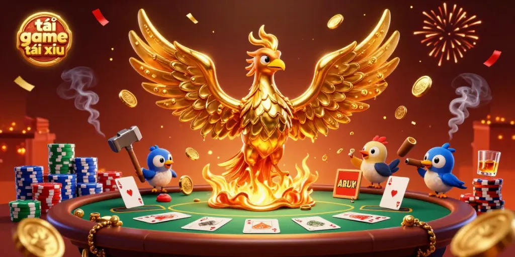 Experience the thrill of tải game tài xỉu with stunning golden phoenix and vibrant casino elements.