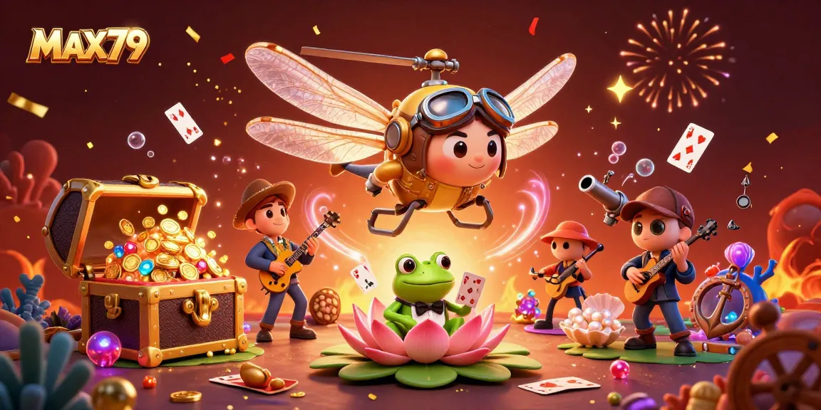 Experience the vibrant world of MAX79 with a dragonfly pilot and frog croupier thrillingly engaging in a playful casino scene.