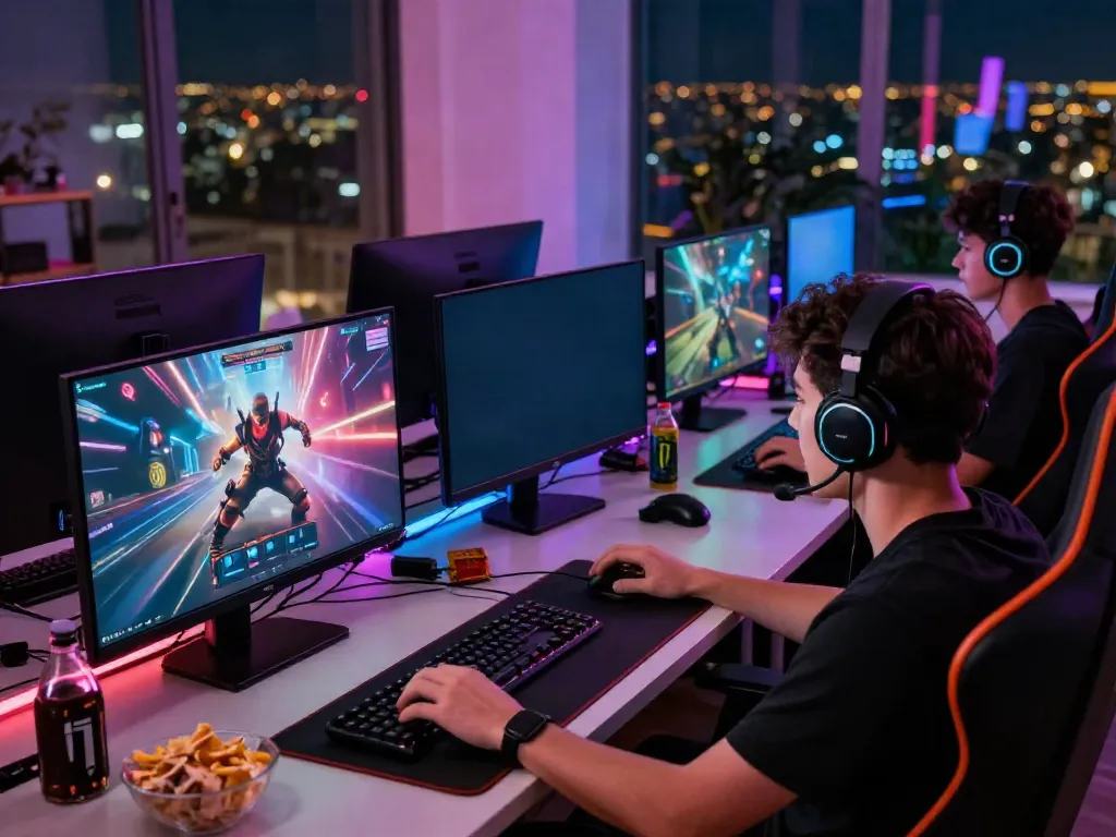 Players enjoying immersive online gaming experiences with kilat404, vibrant setup and dynamic atmosphere.